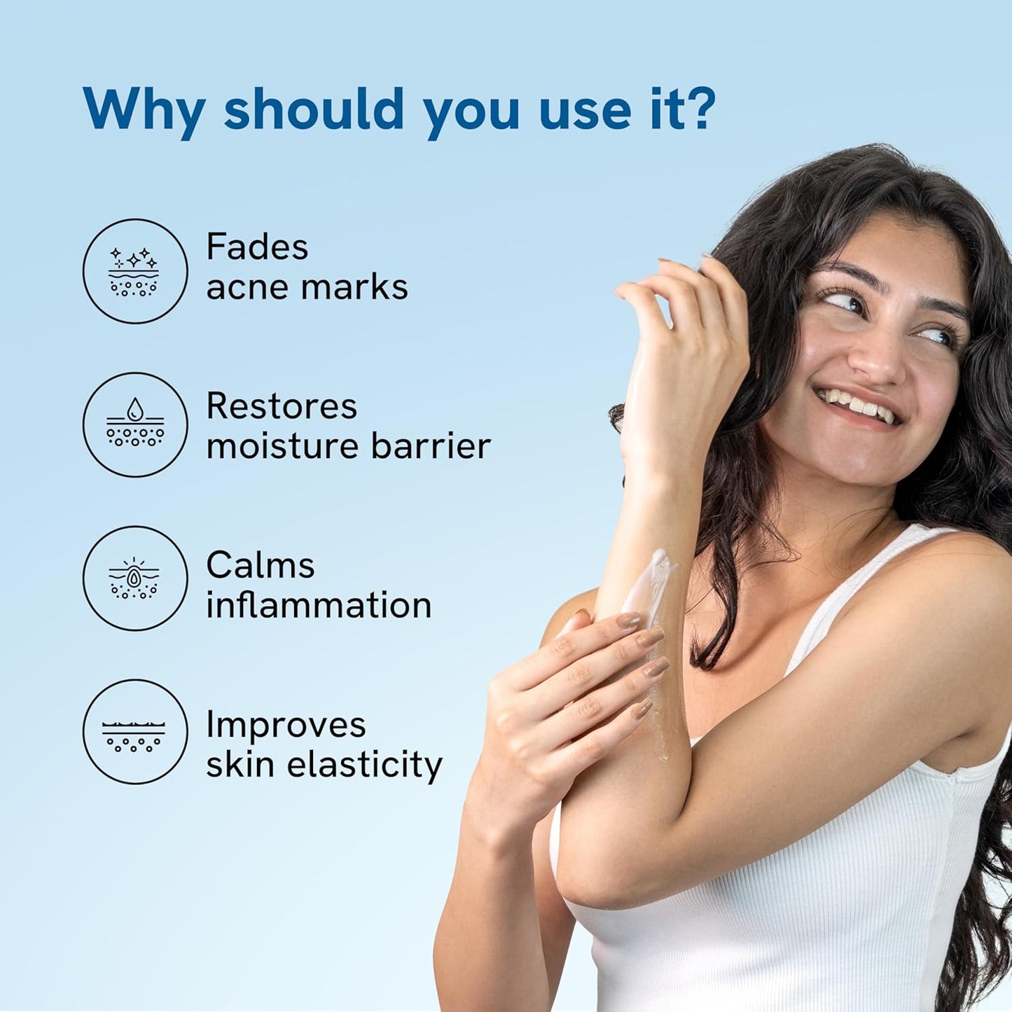 Woman touching her arm with text on a blue background about skincare benefits