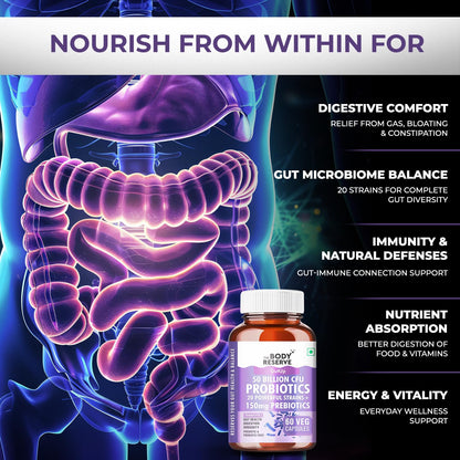 Probiotic supplement bottle with digital illustration of gut microbiome on a dark background