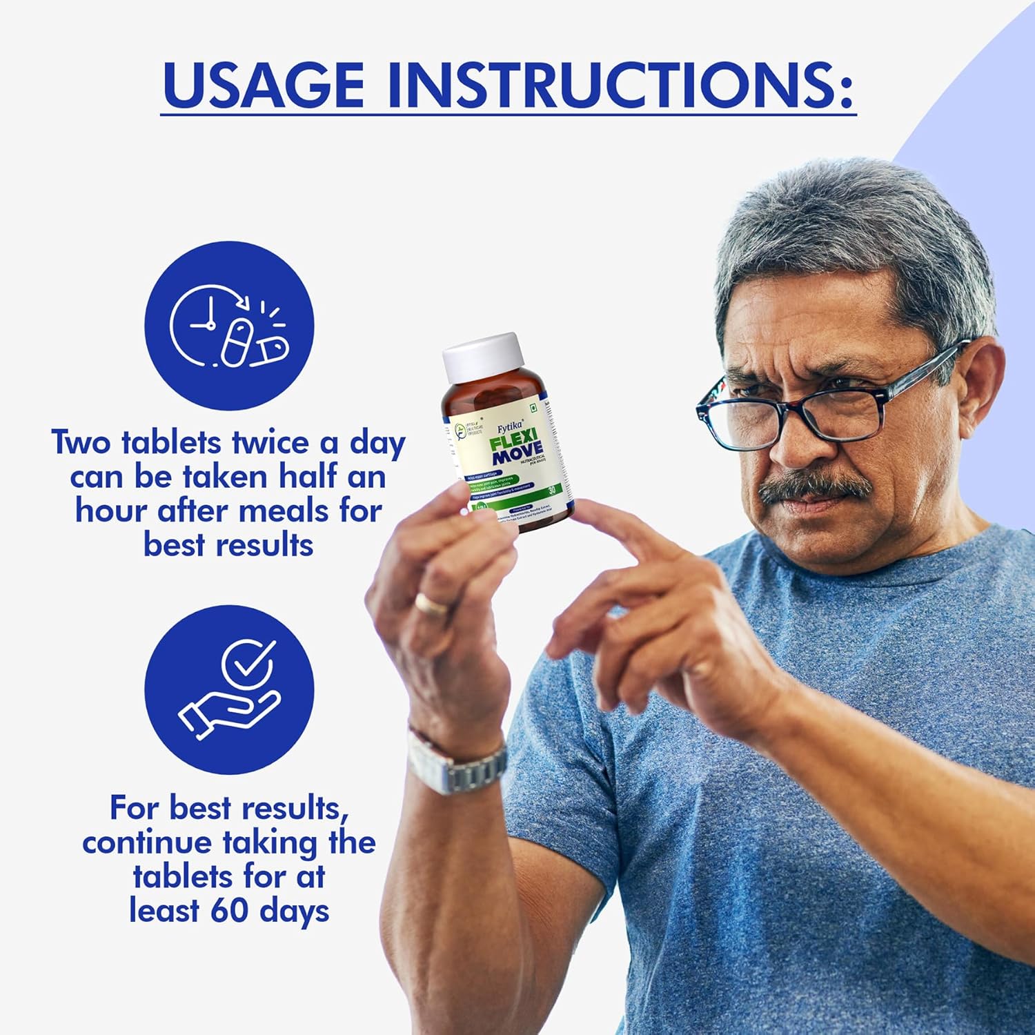 Man holding a supplement bottle with usage instructions displayed.