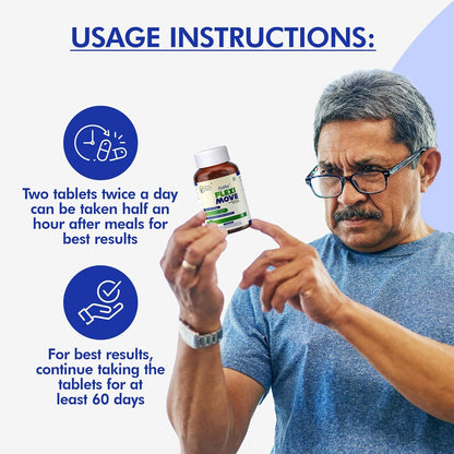 Man holding a supplement bottle with usage instructions displayed.