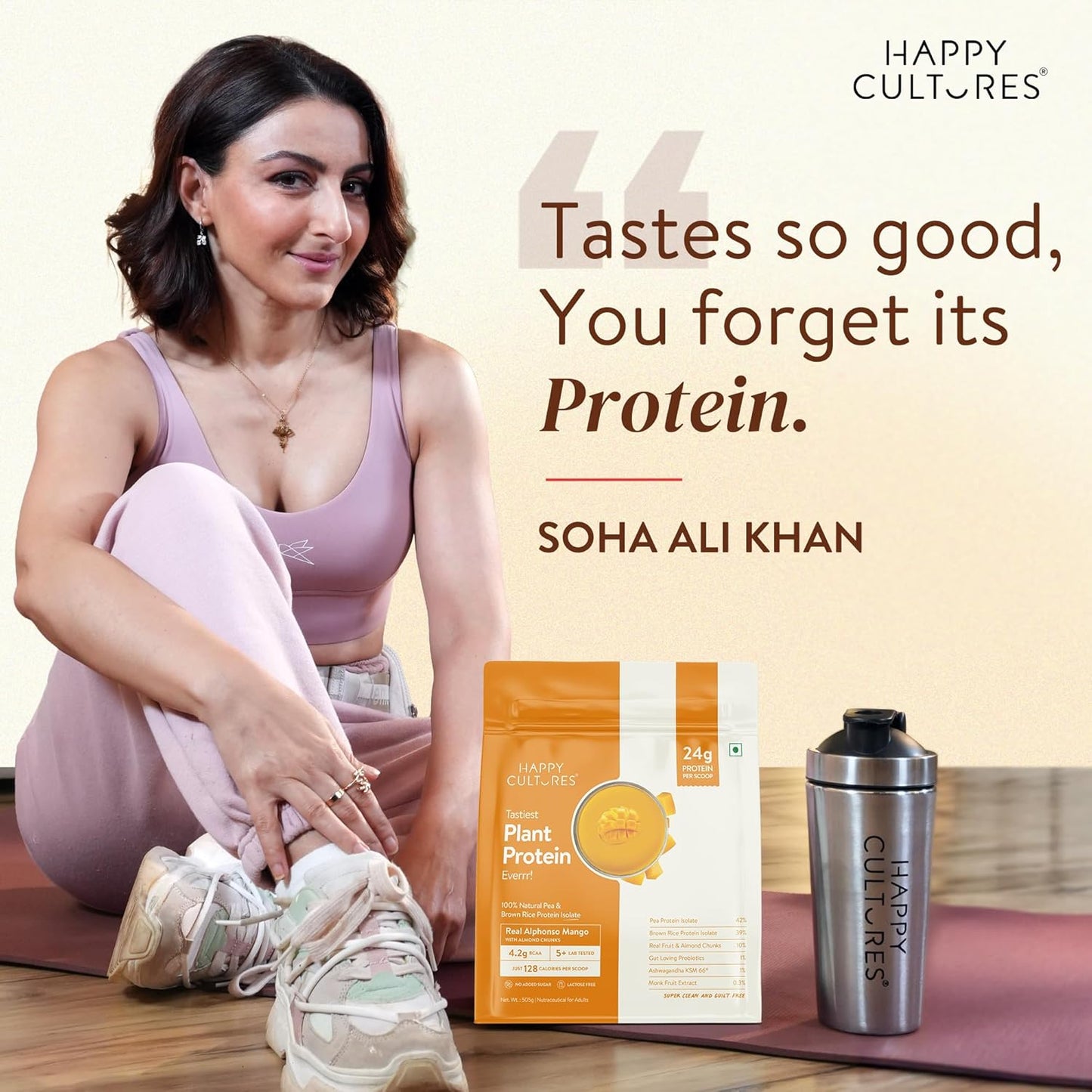 Happy Cultures Plant Protein 505g | 24g Vegan Protein with Alphonso Mango, Almond & Ashwagandha | Probiotics, No Added Sugar, Dairy Free, Easy to Digest