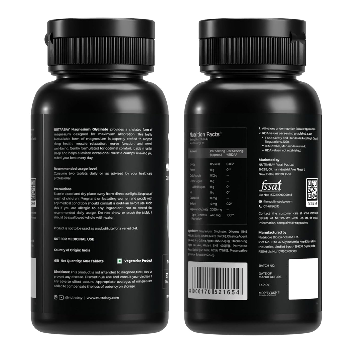 Two black supplement bottles with labels on a white background