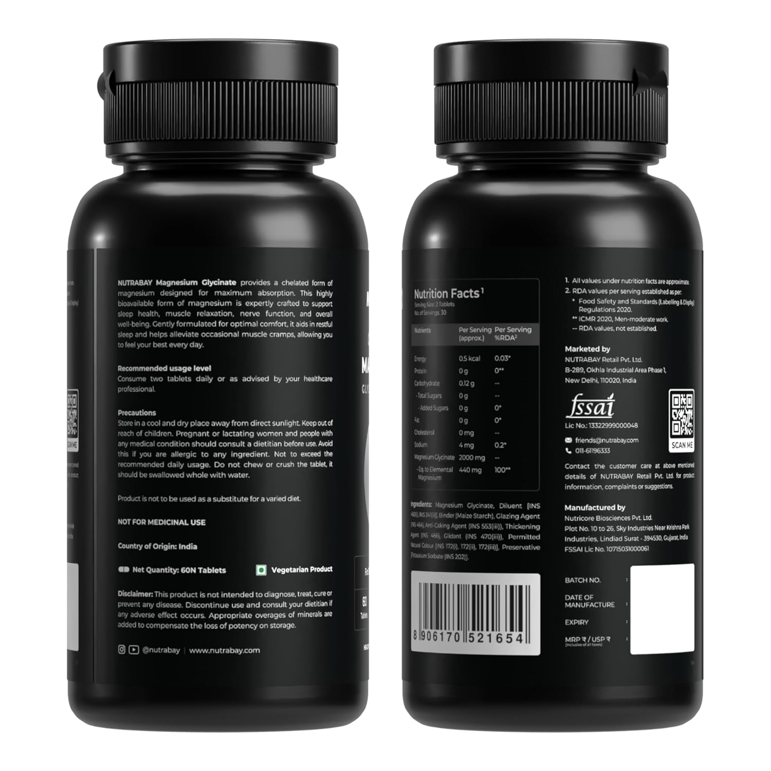 Two black supplement bottles with labels on a white background