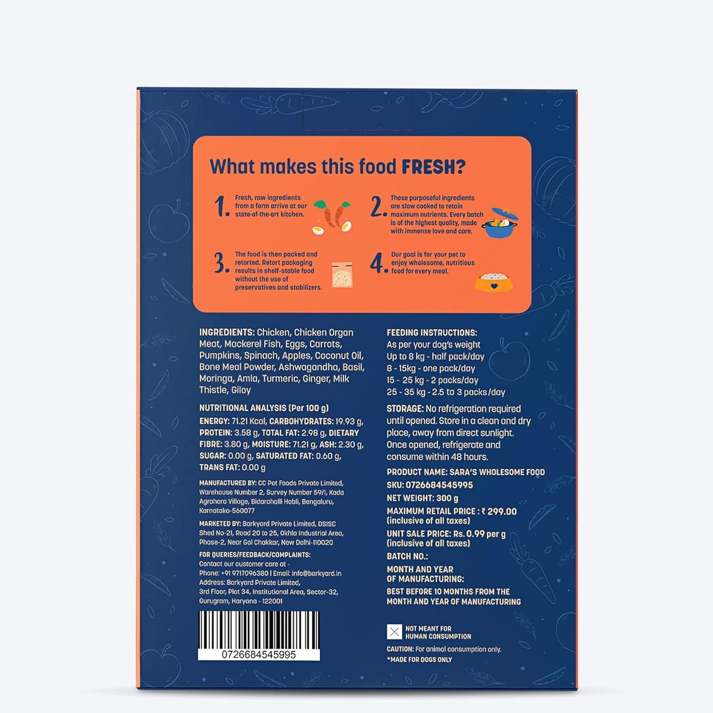 Sara's Wholesome by HUFT Grain-Free Chicken & Veggies Dog Food – 300 gm | Wet Meal with Human-Grade Ingredients | Gluten-Free, Balanced Nutrition | Suitable for Adults & Puppies