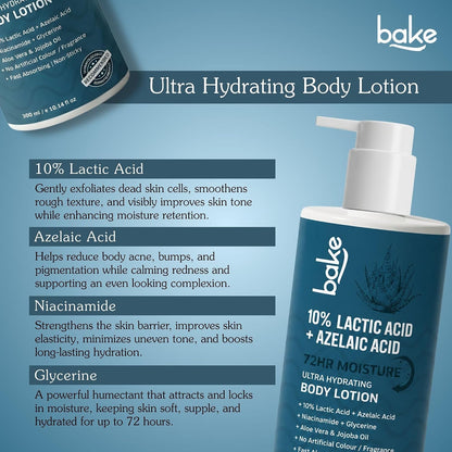 BAKE 10% Lactic Acid Body Lotion with Azelaic Acid | Smooths Rough & Bumpy Skin, Exfoliates Skin & Reduces Body Acne | Ultra Hydrating Body Lotion | 300ml