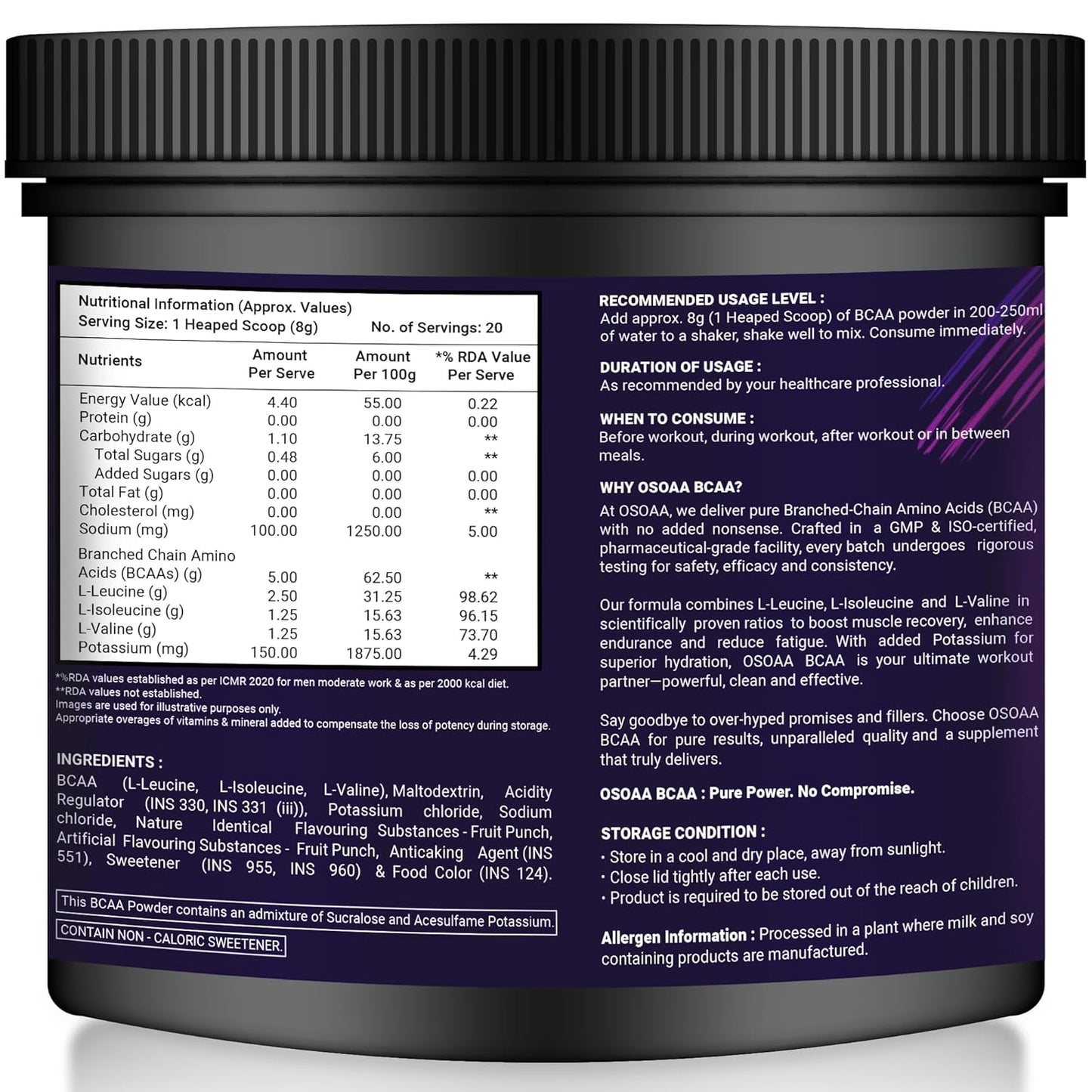 Black container with nutritional information and usage guidelines on a white background