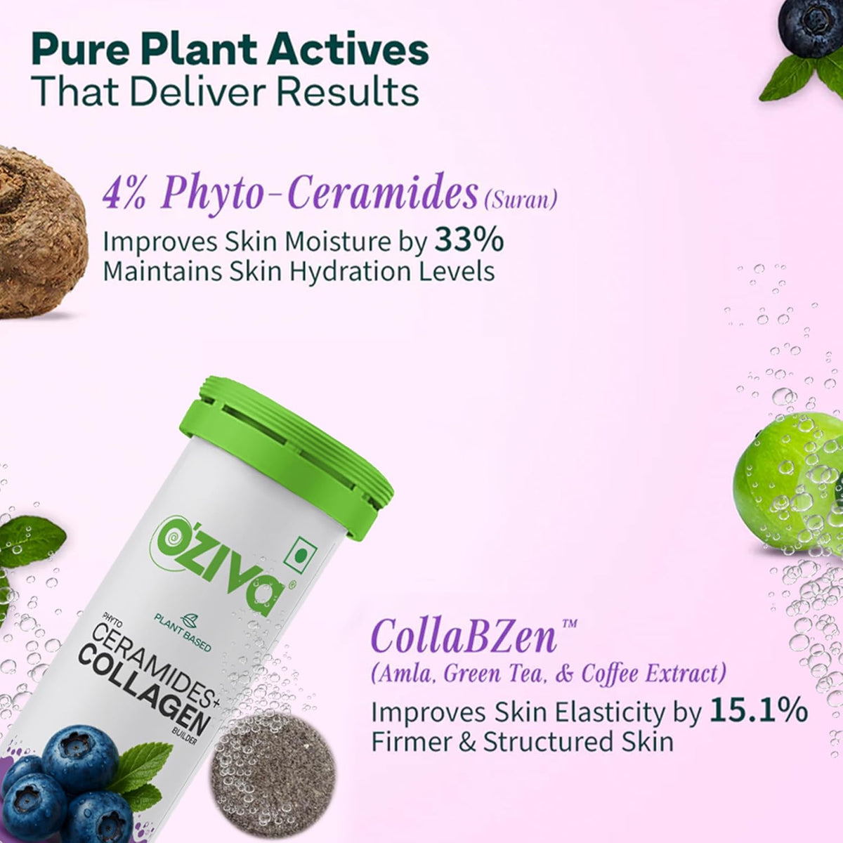 OZiva Phyto Ceramides+ Collagen Builder, Skin Hydration, Blueberry, 15 Tabs