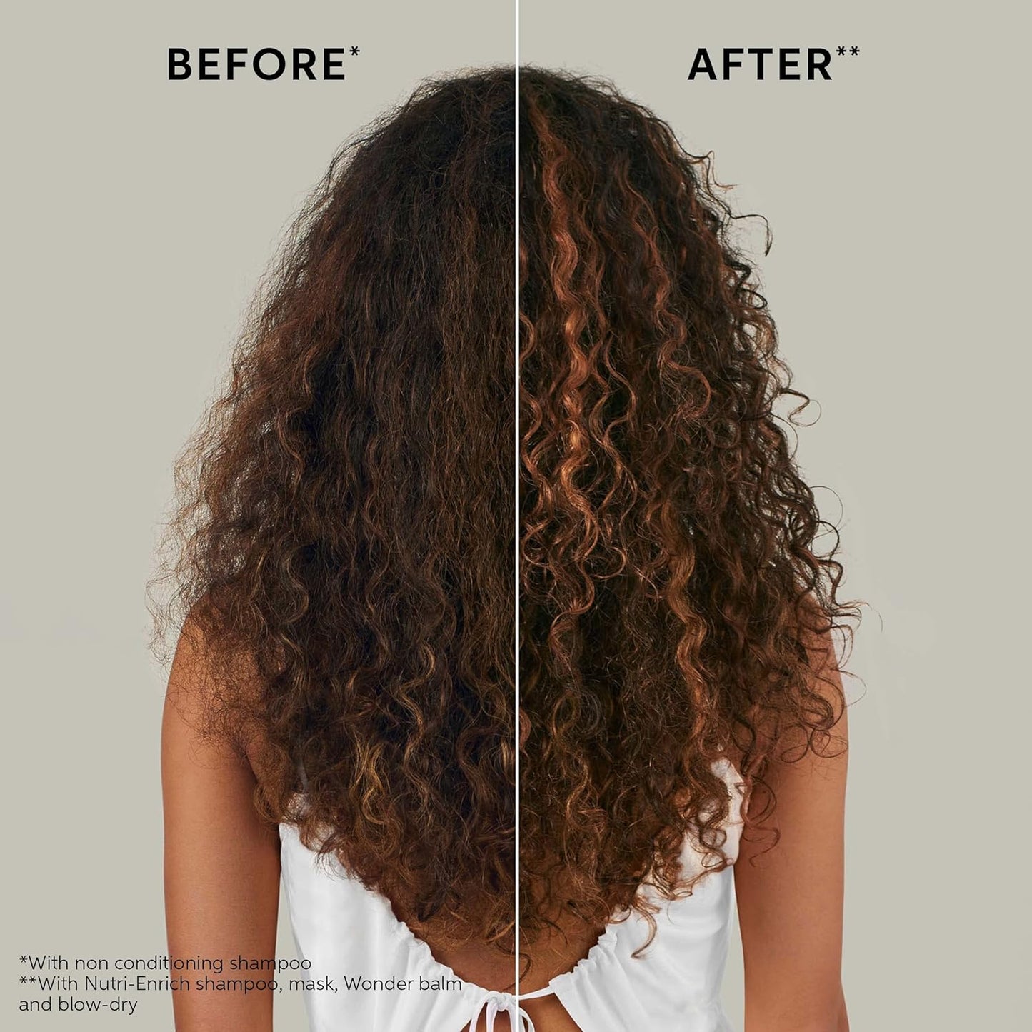 Before and after comparison of curly hair with text indicating product use.
