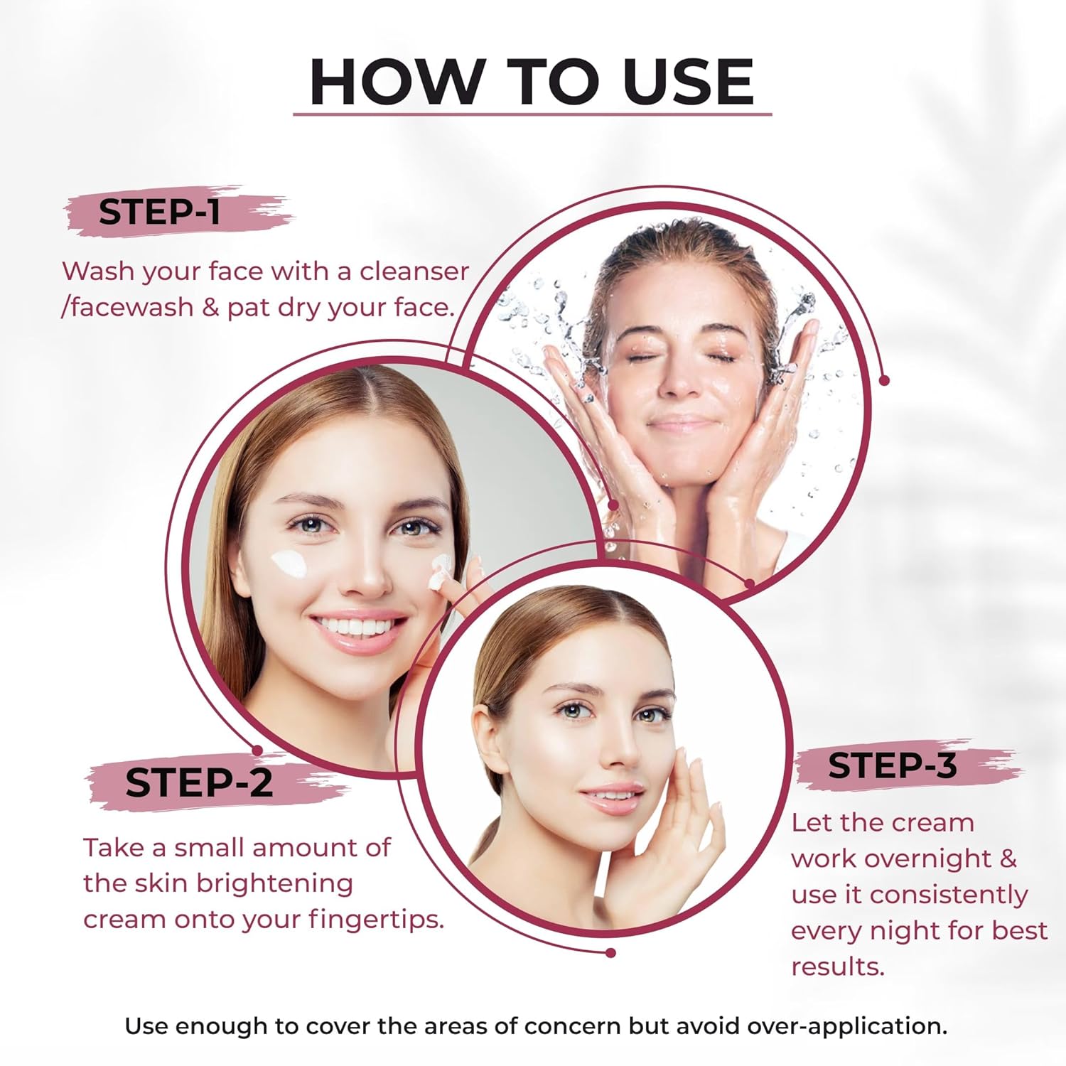 Step-by-step guide on how to use a skincare cream with images of a woman applying the cream.