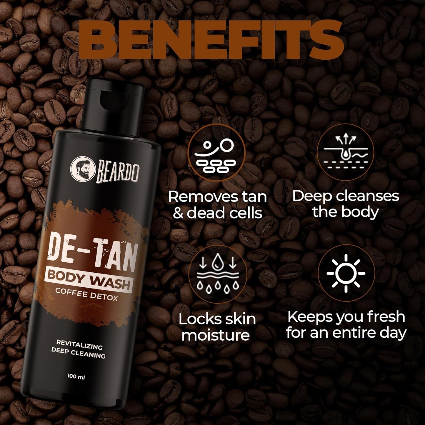 Beardo De-Tan Body Wash for Men, 100ml | Tan Removal and Caffeine Body Wash | Detan With Coffee & Aloe Extracts | For Body & Face | Refreshing Fragrance