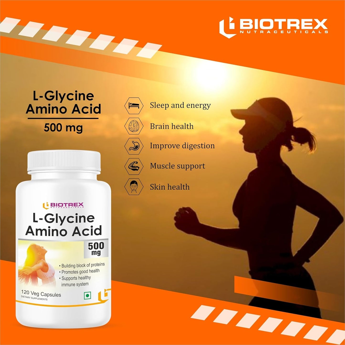 Biotrex Nutraceuticals L-Glycine Amino Acid 500mg Supplement, Supports healthy sleep & immune system, Supports Brain Health 120 Veg. Capsules