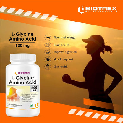 Biotrex Nutraceuticals L-Glycine Amino Acid 500mg Supplement, Supports healthy sleep & immune system, Supports Brain Health 120 Veg. Capsules