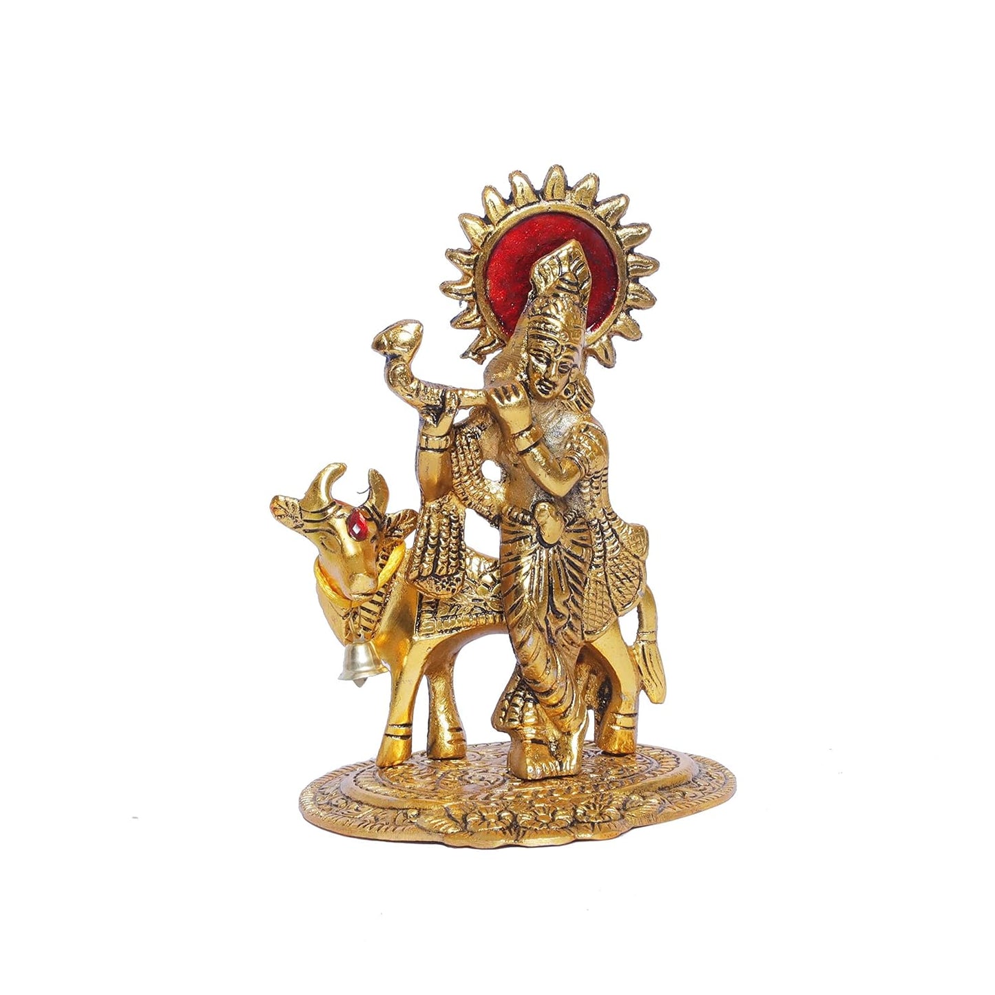 KridayKraft Lord Krishna with Cow Metal Statue,Krishna Murti Playing Flute for Temple Pooja,Decor Your Home,Office & Gift Your Relatives,Showpiece Figurines,Religious Idol