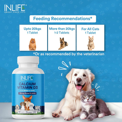 INLIFE Calcium Tablets for Dogs Cats and Pets with Vitamin D3 | Calcium Carbonate Supplement for Bone and Joint Support - 60 Tablets