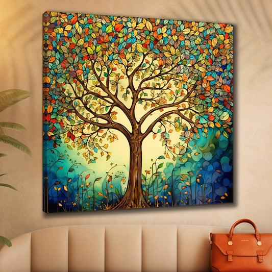 Colorful Tree of Life Canvas Painting with Wooden Frame | Vibrant Abstract Nature Tree Wall Art HD Print | Modern Framed Canvas Wall Decor for Living Room, Bedroom, Office & Home Interior 24 inch x 24 inch