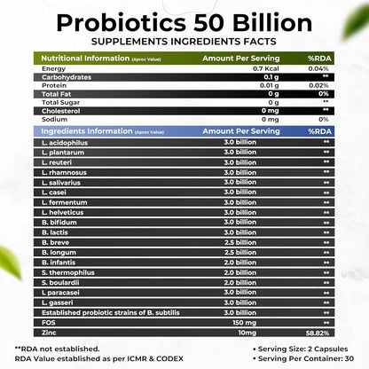 Zephivo HEALTH VEDA ORGANICS PRIVATE LIMITED Probiotics 50 Billion Cfu Multi-Strains With Prebiotic | Good Digestive, Gut Health, Diarrhea, Gas & Bloating Support | Men And Women - 60 Vegetarian Capsules