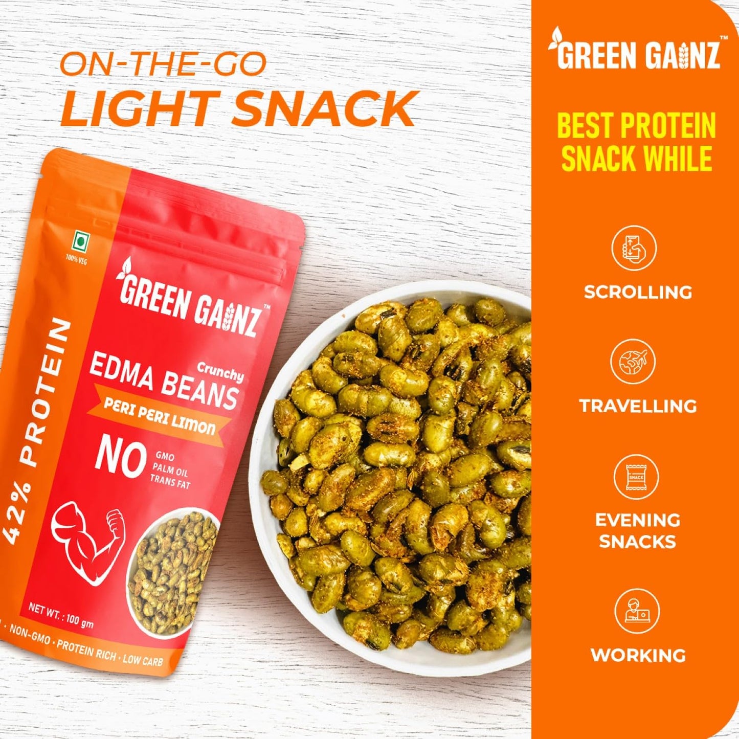 Green Gainz Roasted Edamame Peri Peri Limon Flavour 100gm | Healthy Namkeen Snacks | 100% Veg High Protein Snack | Fiber Rich | No Palm Oil | Roasted, Not Fried
