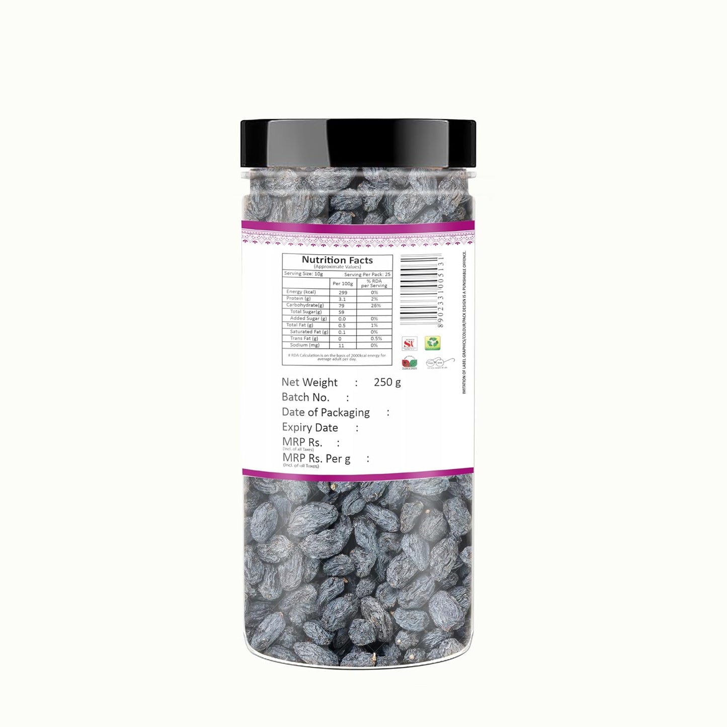 YUM YUM Dried Black Raisins (Kishmish) Dry Fruits 250g Jar | Naturally Sweet