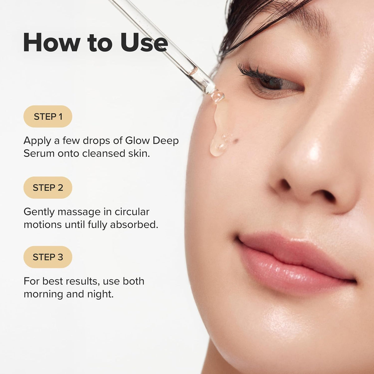 Instructions on how to use a skincare serum with a close-up of a woman's face.