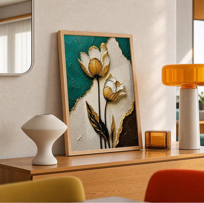 White Gold Floral Teal Framed Wall Art, Natural, 10x13 Inches