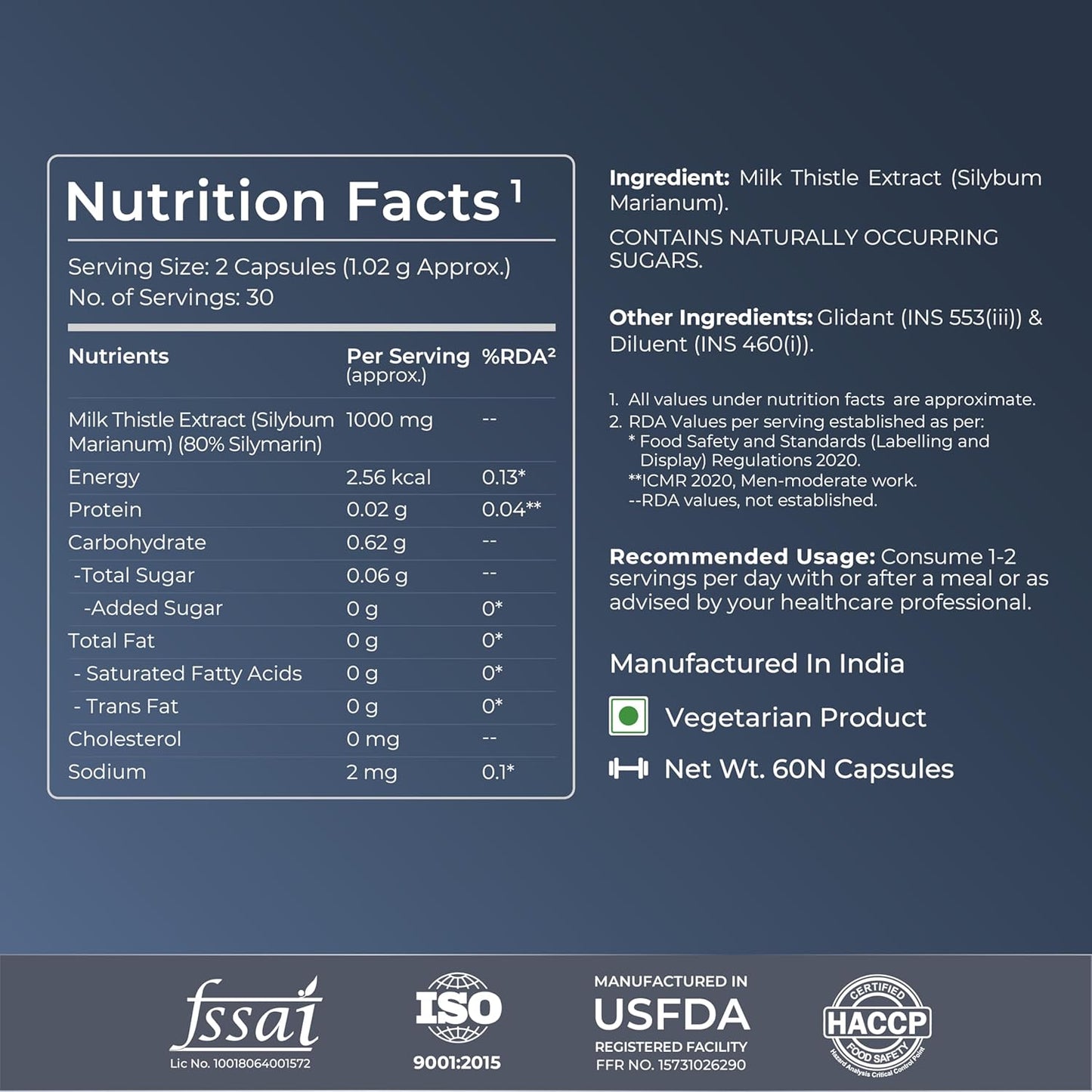 Nutrition facts label for a supplement with various certifications at the bottom.