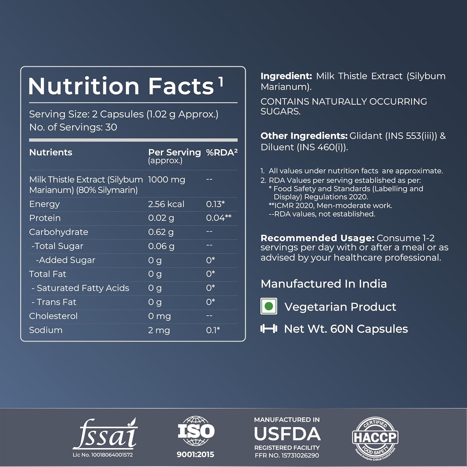 Nutrition facts label for a supplement with various certifications at the bottom.