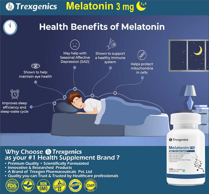 Trexgenics Melatonin 3 mg USP grade Night Time Sleep, Circadian rhythm, jet lag, cortisol balance Support(120 Veg.Capsules) (Melatonin 3 mg (120))