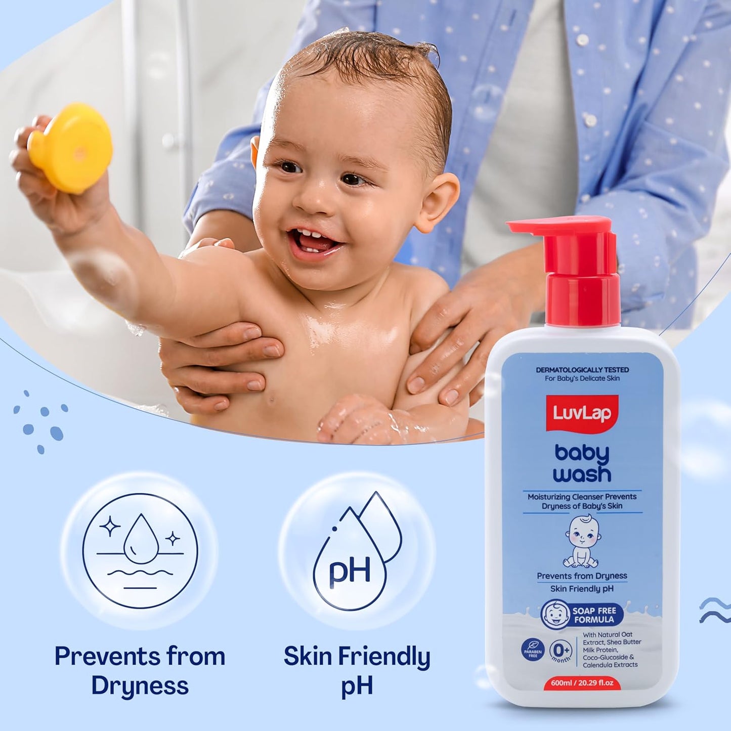 LuvLap Baby Wash - 600ml, with Milk Protein, Oatmeal, Shea Butter and Vitamin E, Soap Free, Baby Wash for Baby Bath, Natural, pH Balanced & Paraben Free, Dermatologically Tested