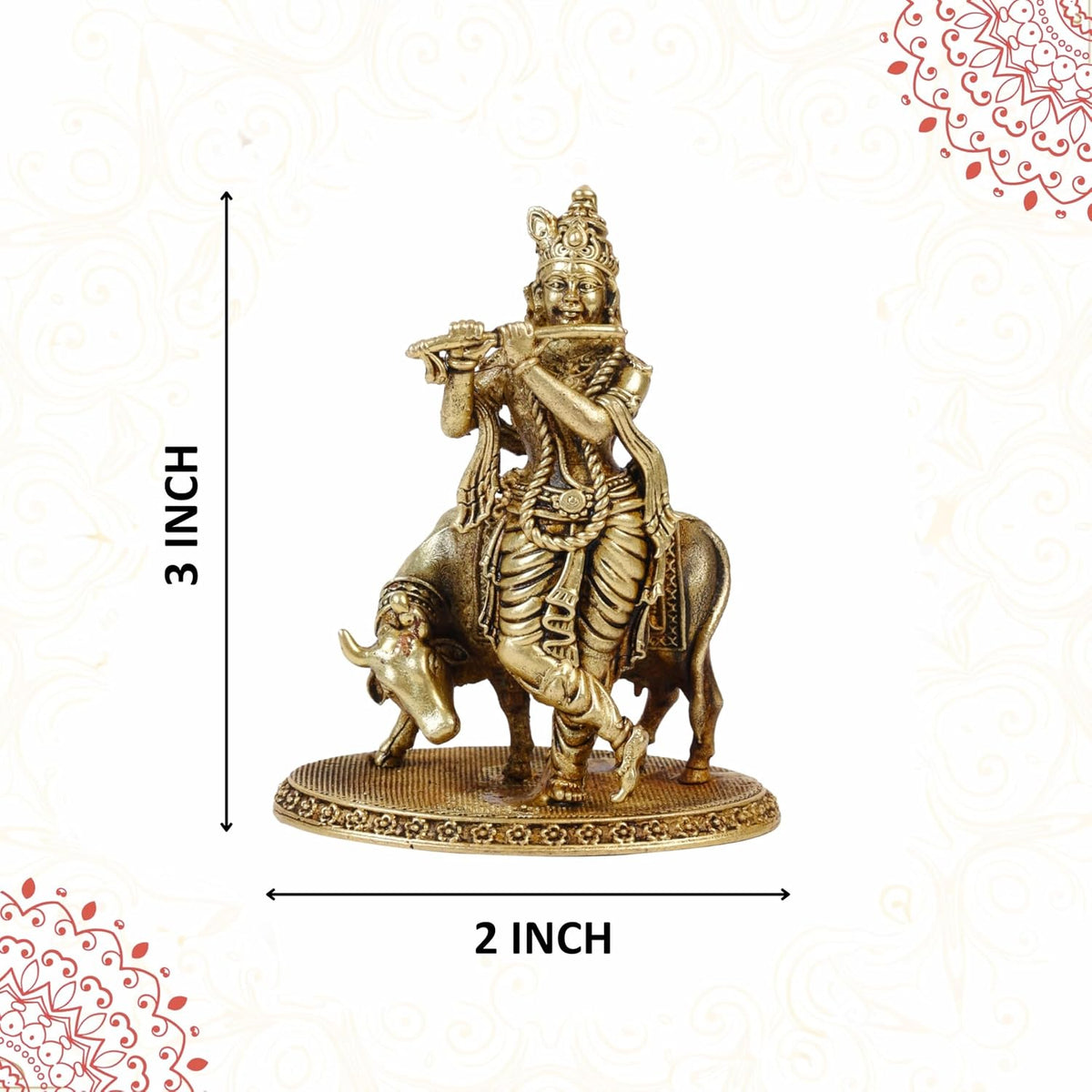 3 Inch Pure Brass Lord Krishna with Cow Idol | Flute Playing Kanha Murti for Mandir, Pooja Room, Home Temple, Pooja, Vastu & Spiritual Décor | Ideal for Diwali & Festive Gifting (Pack of 1)