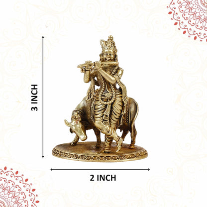 3 Inch Pure Brass Lord Krishna with Cow Idol | Flute Playing Kanha Murti for Mandir, Pooja Room, Home Temple, Pooja, Vastu & Spiritual Décor | Ideal for Diwali & Festive Gifting (Pack of 1)