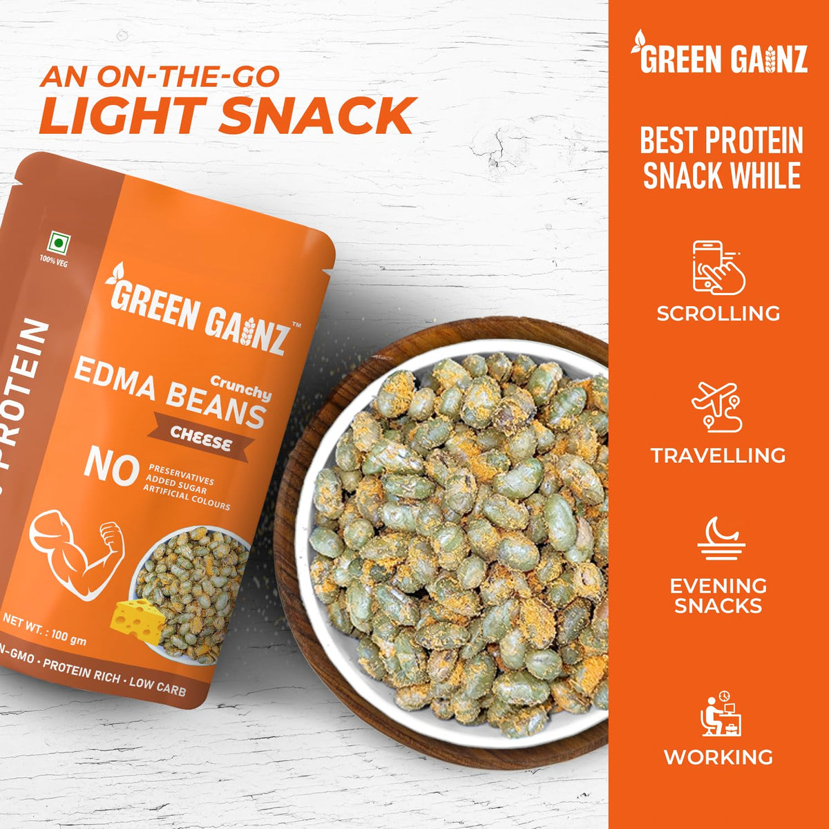 Green Gainz Roasted Edamame Cheese Flavour 100gm | 100% Veg High Protein Snack | No Added Sugar | Non-GMO | Rich in Fiber | No Gluten