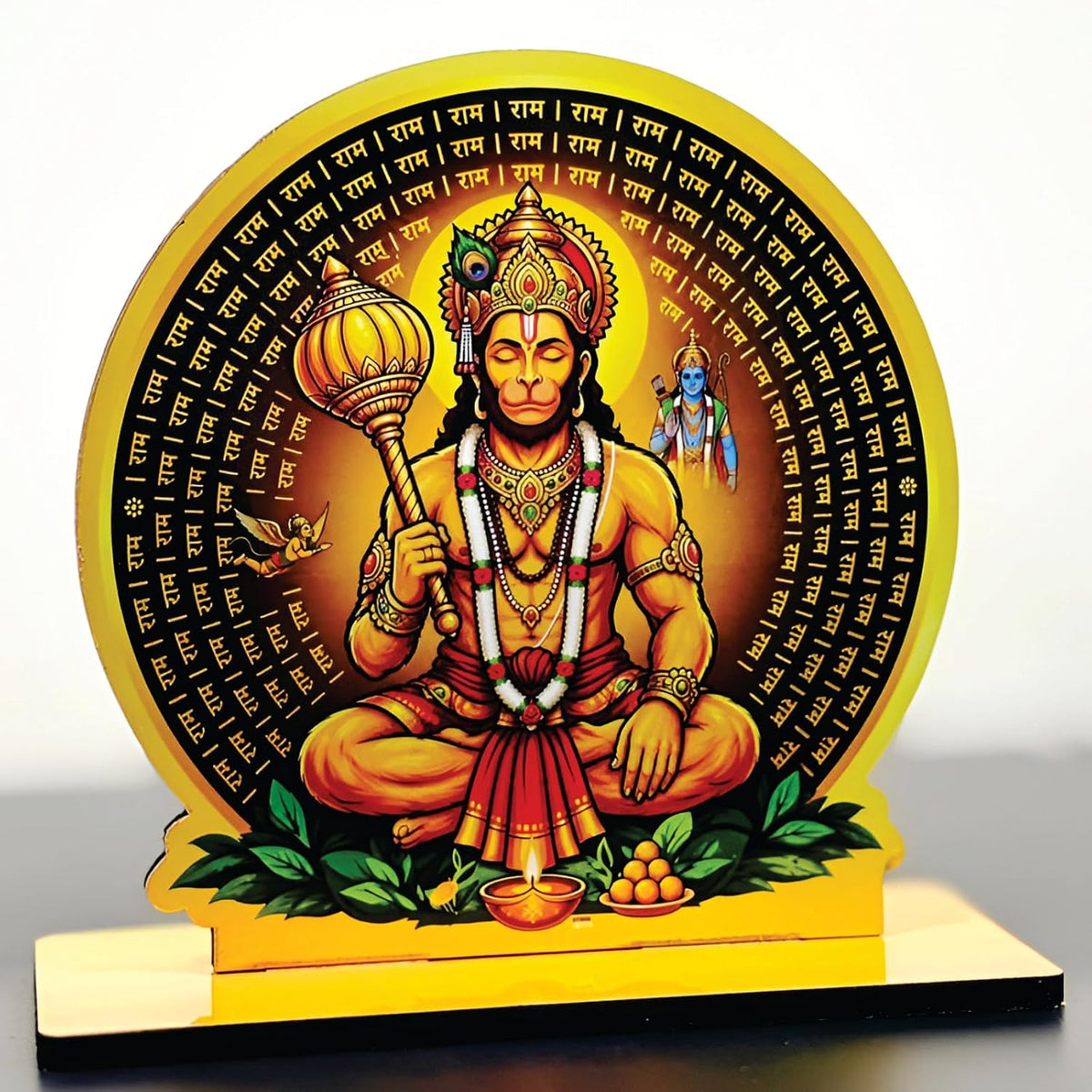 Wooden Hanuman Ji with Circular Design| Spiritual Tabletop Showpiece for Home, Office Desk, Temple, Living Room Decor, Religious Gift Item (5.6 x 6 Inch)