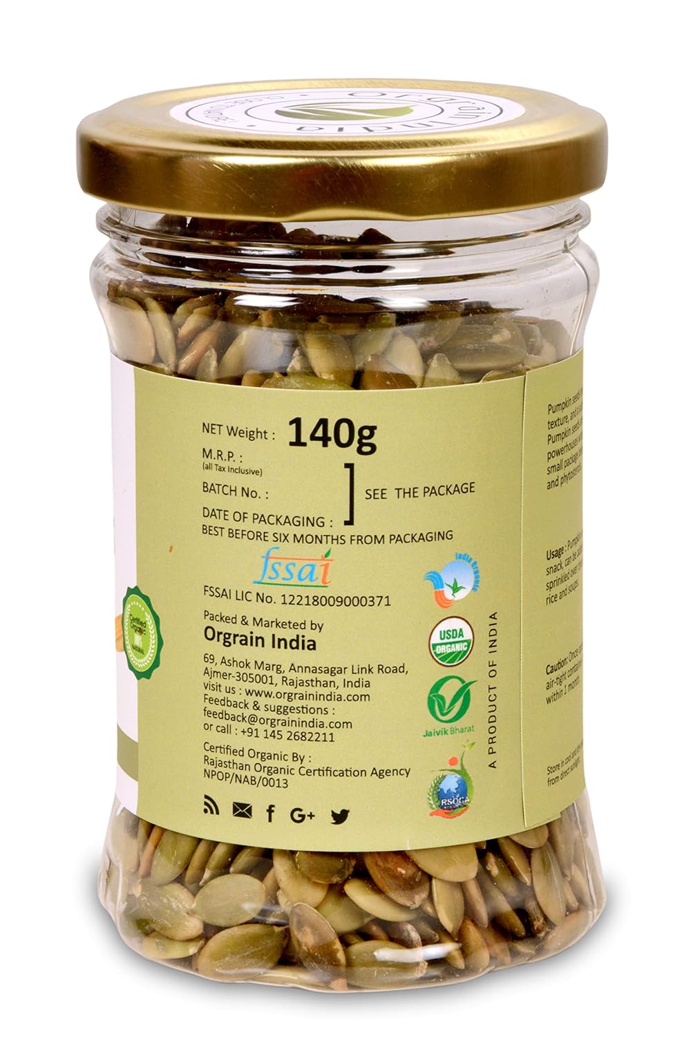 Orgrain India Organic Pumpkin Seeds, 140g | Rich in Protein & Fiber | Diet Snacks | Helps In Boosting Immunity | AAA Grade Pumpkin Seeds for Eating | Pumpkin Seeds for Weight Loss