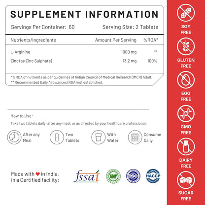 Nutrabud L-Arginine 1000 mg - 120 Tablets - Fuels Muscle Growth, Boosts Nitric Oxide Production (120 Count (Pack of 1), Unflavoured)
