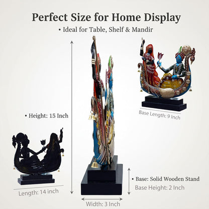 Radha Krishna Boat Showpiece for Home Decor | Iron Metal Decorative Idol with Wooden Base | 15 Inch Spiritual Statue for Living Room, Bedroom, Temple & Gifting
