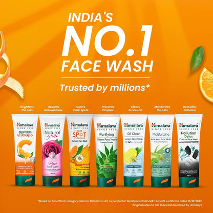 Promotional image of Himalaya face wash products with text claiming 'India's No.1 Face Wash' on an orange background.