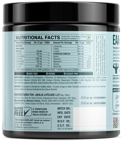 Sparkfusion 8500 mg Eaa+ & 6000mg Bcaa (300 gm) Essential Amino Acids | Pre/Intra Workout and Muscle Growth & Recovery | All 9 Essential Amino Acid EAA Powder (Black Berry)