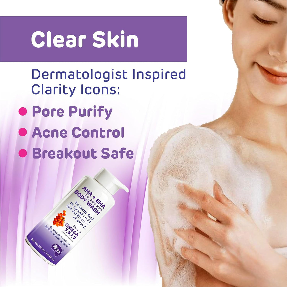 Person using body wash with product and text about clear skin benefits on a purple background