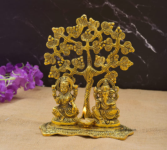 Metal Handicraft Laxmi Ganesh Idol with Tree and Diya for Puja Home Mandir Temple and Decorative Showpiece for Home Decor Living Drawing Bed Room Office Shop Decorative and Gifts