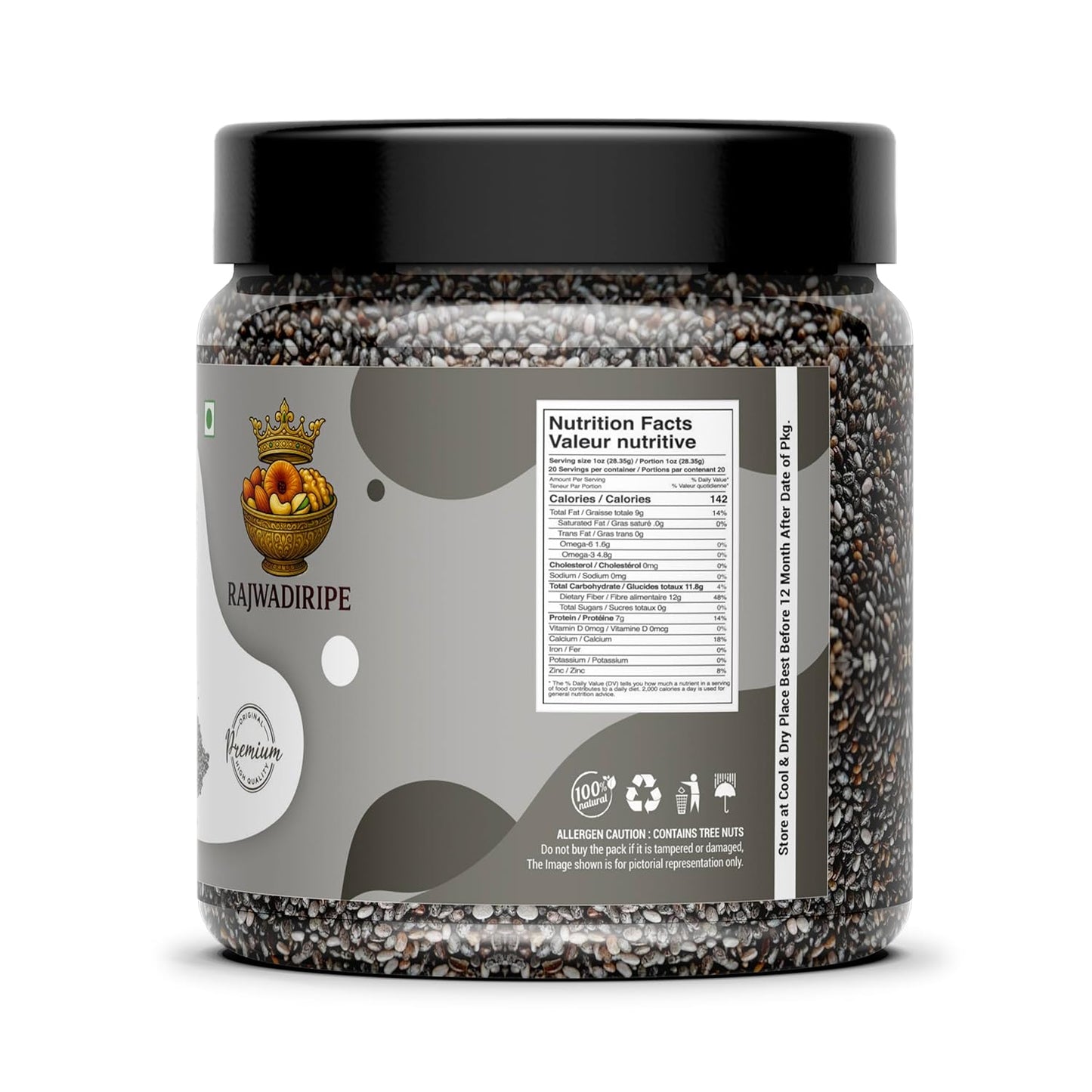 RAJWADIRIPE Premium Raw Chia Seeds, Omega 3 Rich, High in Calcium, Protein & Fibre, Jar Pack (100GM)