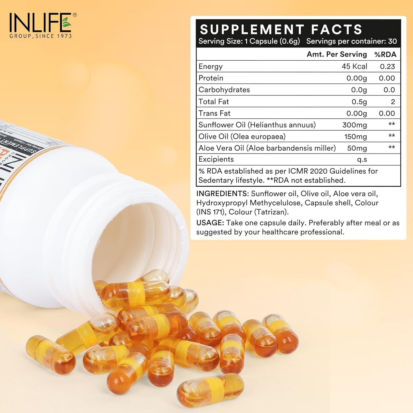 INLIFE Plant Based Natural Vitamin E Oil Capsules for Face and Hair|Sunflower, Olive & Aloe Vera Oils |Skin Health and immunity support Supplement for Women & Men–30 Vegetarian Capsules (Pack of 1)