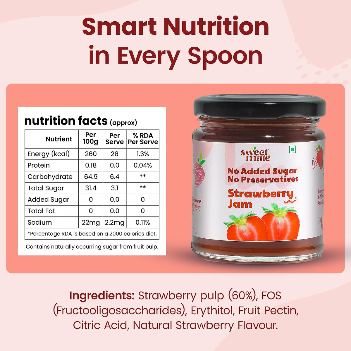 Sweetmate Strawberry Jam - 220g | No Added Sugar | 100% Pure Fruit Pulp & Healthy Fiber | No Preservatives, Colors & Artificial Flavors | Diabetic & Keto Friendly Jam