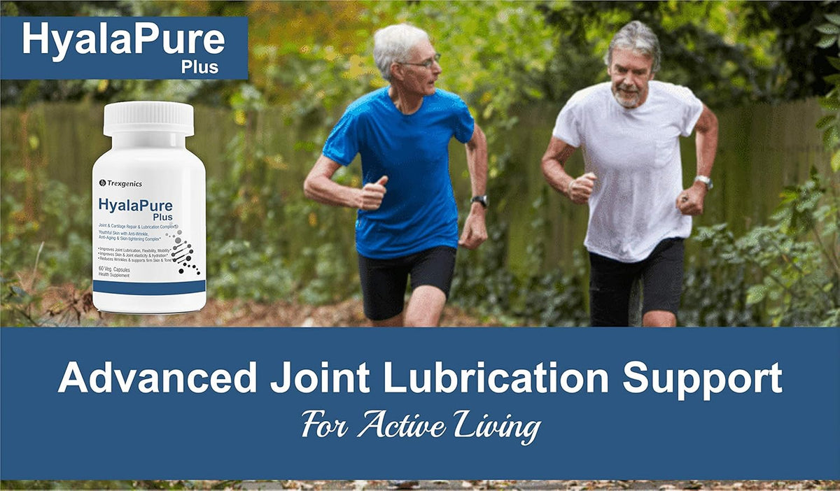 Two men running outdoors with HyalaPure Plus supplement bottle displayed.