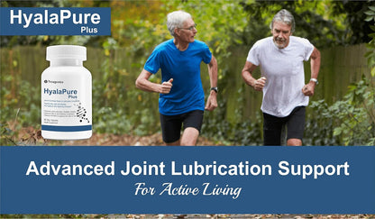 Two men running outdoors with HyalaPure Plus supplement bottle displayed.