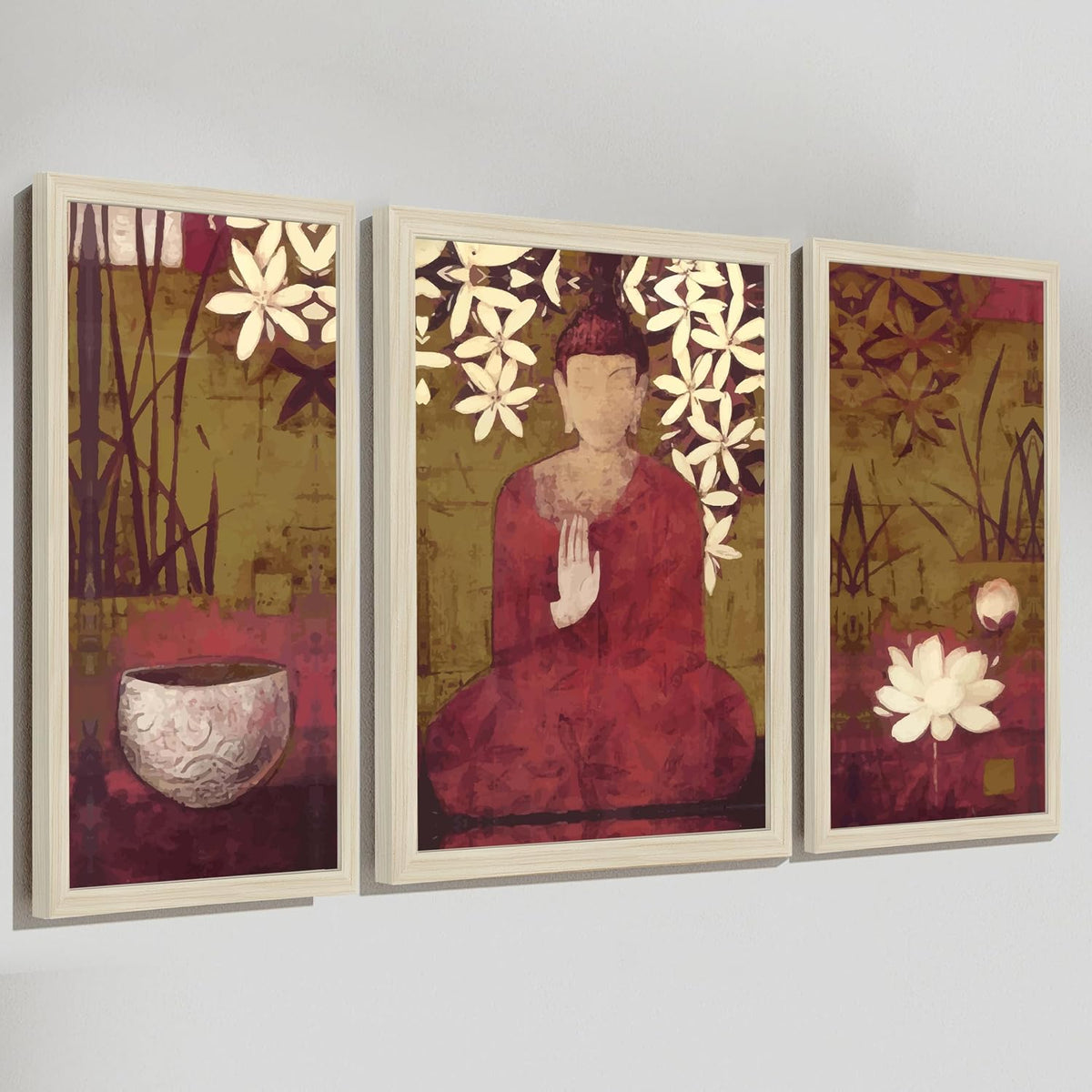 Buddha Floral Abstract Framed Wall Art Painting Home Décor Pack Of 3 | Digital Scenery Painting with Frame | Suits Hallways, Living Room, Bedroom, Office Set Of 3, 22x46 cm, 33x44 cm