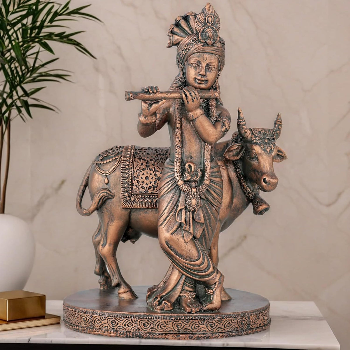 Krishna Cow Idol Statue Showpiece for Pooja Home Decor Items for Living Room and Gifts (Antique Copper)