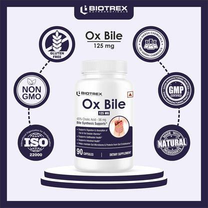 Biotrex Nutraceuticals OX BILE EXTRACT 125mg, 45% CHOLIC ACID, Supports Gallbladder Health & Supports Healthy Digestion, Bile Synthesis Support, (Gluten Free & Non-GMO) - 90 Capsules