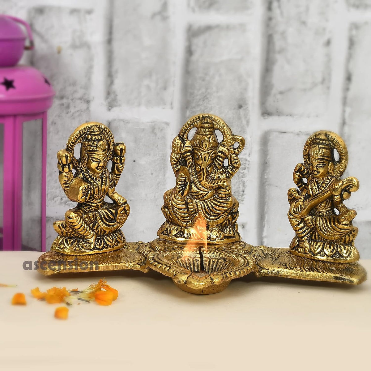 Laxmi Ganesh Saraswati Idol Showpiece Metal Statue with Diya Decoration Pooja Showpiece Sitting Idol Blessing Ganpati Sculpture for Home Diwali Puja Home Decor Festival Gifts