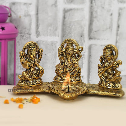 Laxmi Ganesh Saraswati Idol Showpiece Metal Statue with Diya Decoration Pooja Showpiece Sitting Idol Blessing Ganpati Sculpture for Home Diwali Puja Home Decor Festival Gifts