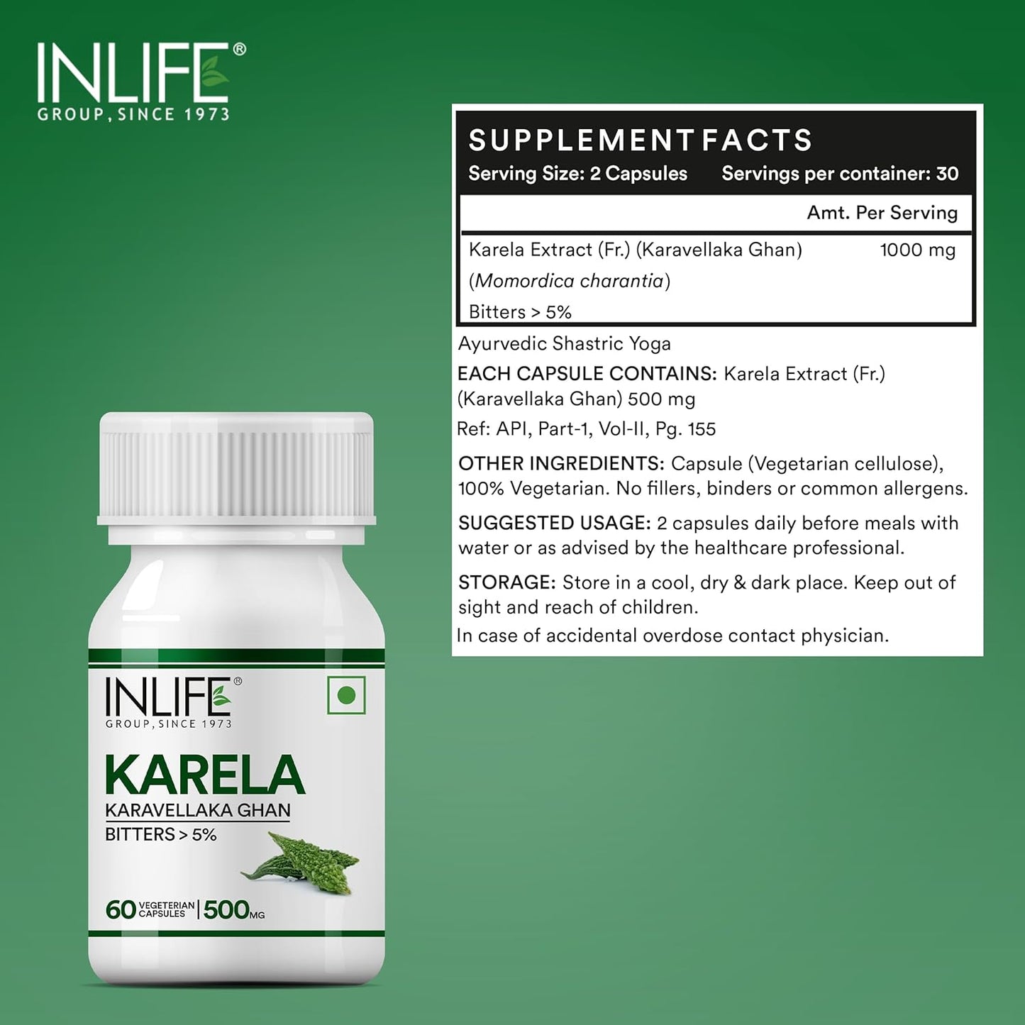 INLIFE Karela Capsules 500mg | Extract - Ayurvedic Herbal Supplement for Sugar Management - 60 Vegetarian Capsules (Pack of 1)